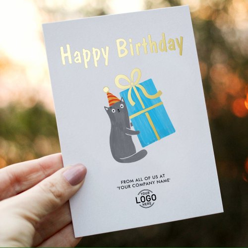 Your Logo Cute Cat Blue Gift Business Birthday Foil Invitation