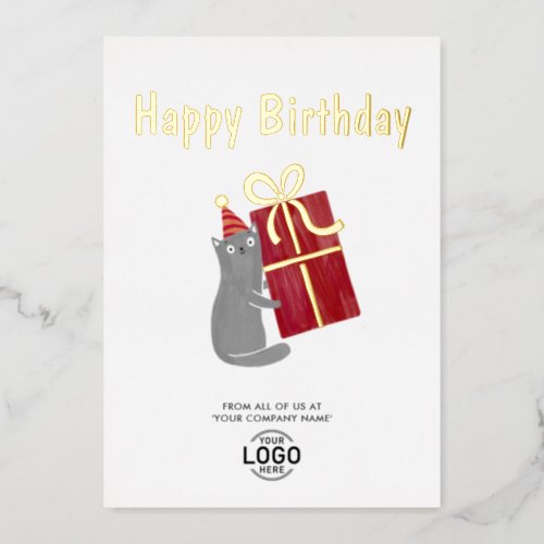 Your Logo Cute Cat Burgundy Gift Business Birthday Foil Invitation