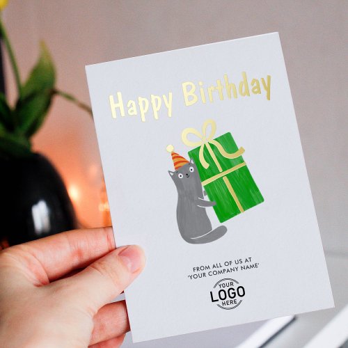 Your Logo Cute Cat Green Gift Business Birthday Foil Invitation