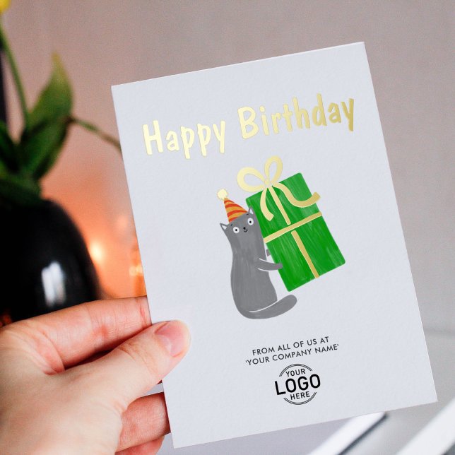 Your Logo Cute Cat Green Gift Business Birthday Foil Invitation (Creator Uploaded)