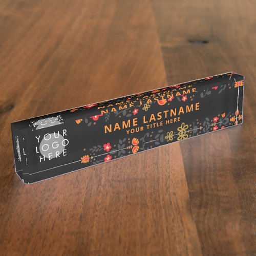 Your Logo Elegant Orange Red Floral Black Desk Name Plate