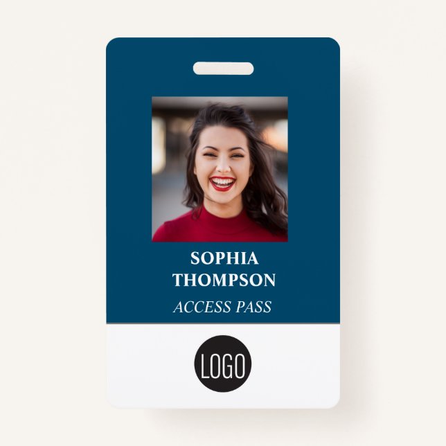 Your Logo Employee Name Photo Bar Code Blue Badge (Front)