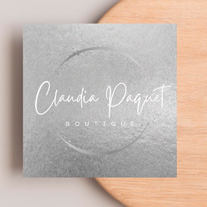 Your Logo Faux Silver Gray Foil Modern Corporate Square Business Card