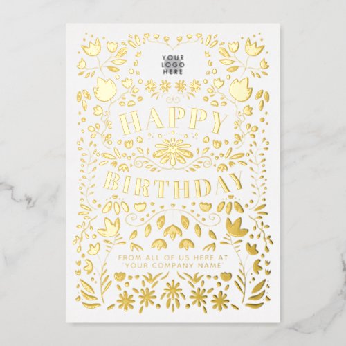 Your Logo Flowers Business White Gold Foil Card