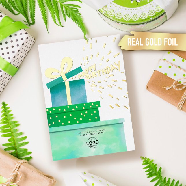 Your Logo Fun Green Gifts Business Happy Birthday Foil Invitation (Creator Uploaded)