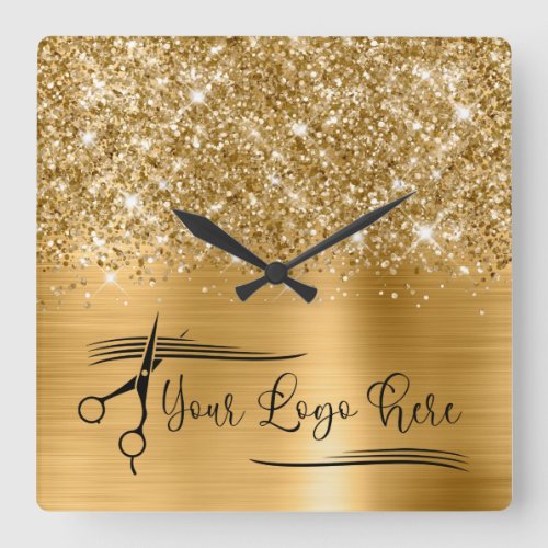 Your Logo Glittery Gold Glam Square Wall Clock