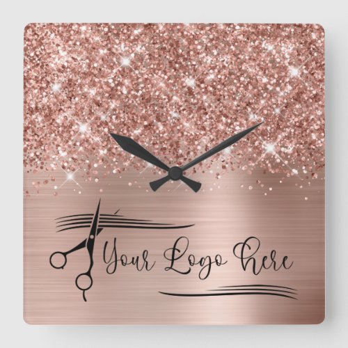 Your Logo Glittery Rose Gold Glam Square Wall Clock