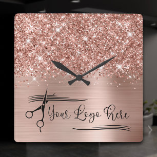 Your Logo Glittery Rose Gold Glam Square Wall Clock