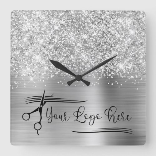 Your Logo Glittery Silver Glam Square Wall Clock