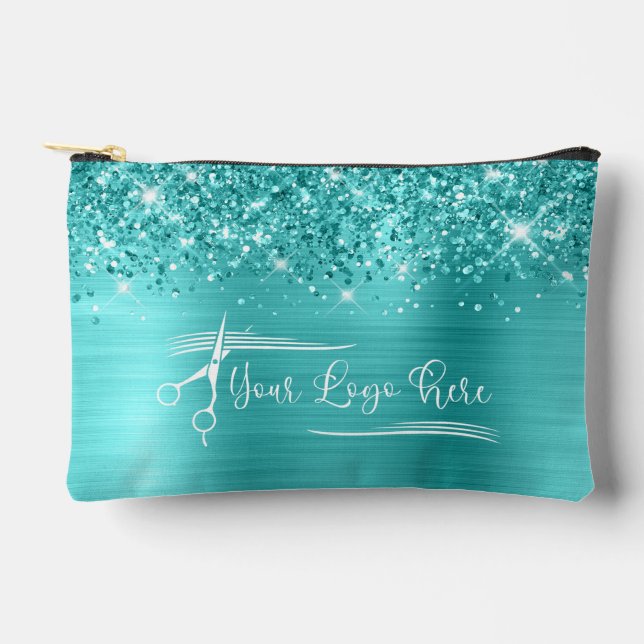 Your Logo Glittery Turquoise Blue Glam Accessory Pouch (Front)
