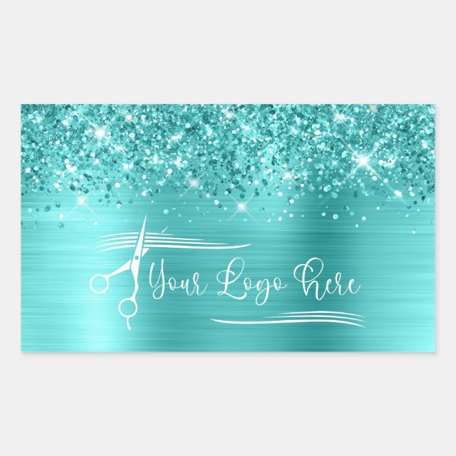 Your Logo Glittery Turquoise Blue Glam Rectangular Sticker (Front)