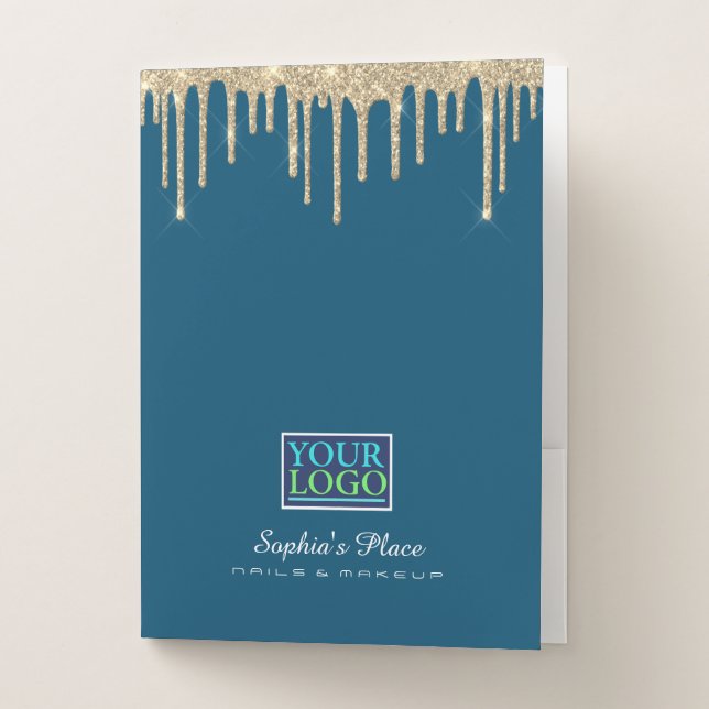 Your Logo Gold Glitter Drips Bus. Name, Dk. Blue Pocket Folder (Front)