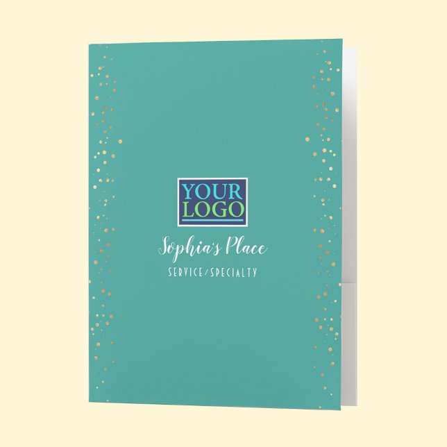 Your Logo, Gold Spots, Bus. Name & Info, Teal Pocket Folder (Creator Uploaded)