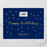 Your Logo Gold Stars Navy Blue Business Birthday Foil Holiday Postcard<br><div class="desc">Make a lasting impression with this executive elegant add your custom logo business happy birthday Postcard. A simple minimalist horizontal design creates a clean and sophisticated look while the navy blue color and real gold foil stars make it stand out. This is a stylish way to say Happy Birthday to...</div>