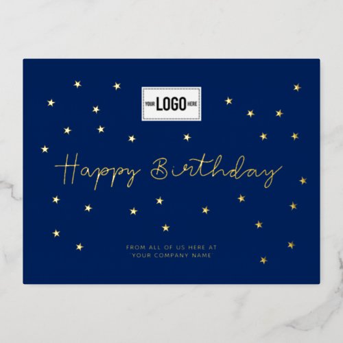 Your Logo Gold Stars Navy Blue Business Birthday Foil Holiday Postcard