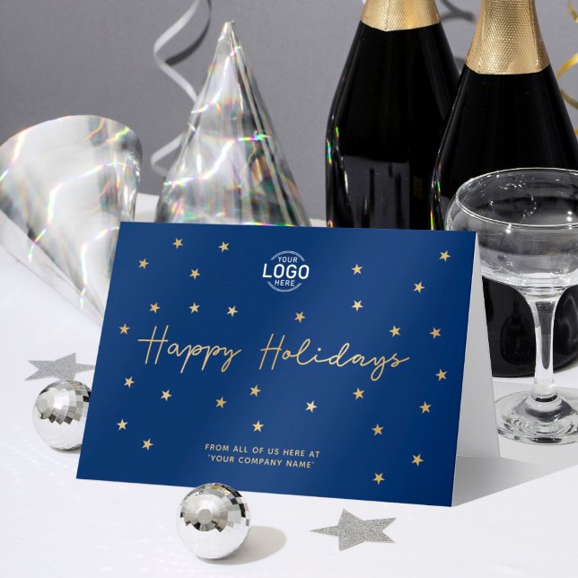 Your Logo Gold Stars Navy Blue Business Happy Card (Creator Uploaded)