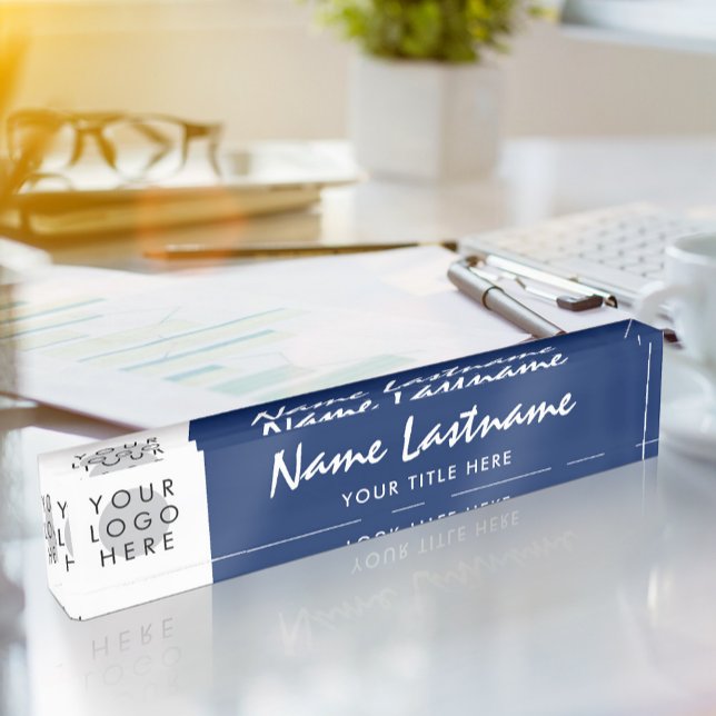 Your Logo Handwritten Modern Title Navy Blue Desk Name Plate (Creator Uploaded)