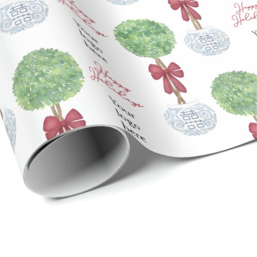 Your Logo Happy Holidays Christmas Boxwood Topiary Wrapping Paper - Add your business logo to this stylish Christmas topiary wrapping paper design. Lollipop Topiary in a blue and white double happiness pot with a floppy red bow, all handpainted by yours truly then arranged digitally into a repeating pattern. This design works best with a rectangular logo (landscape layout).