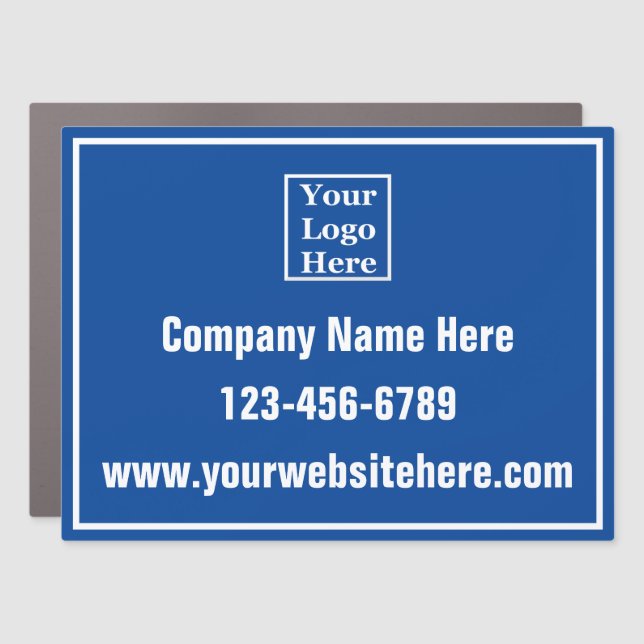 Your Logo Here and Contact Info on Blue and White Car Magnet (Front)