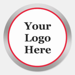 Your Logo Here Bright Red White Silver Template Classic Round Sticker ...