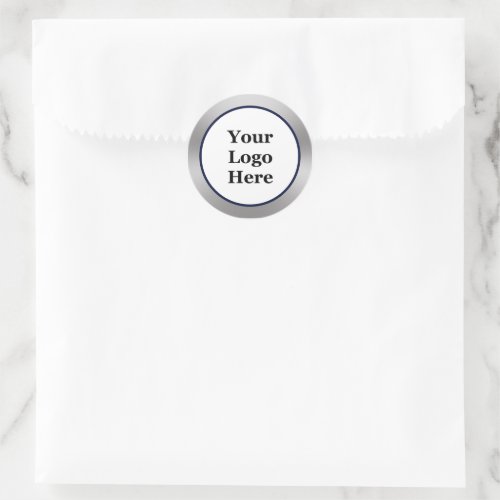 Your Logo Here Dark Blue Silver and White Template Classic Round Sticker