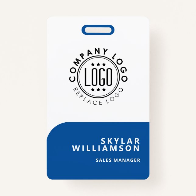 Your Logo Here Minimal Blue & White Identity Badge (Front)