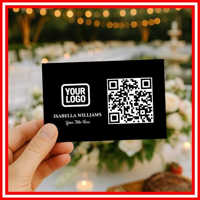 Your Logo Here Simple Modern Minimal Black QR Code Business Card (Creator Uploaded)