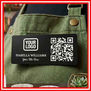 Your Logo Here Simple Modern Minimal Black QR Code Name Tag