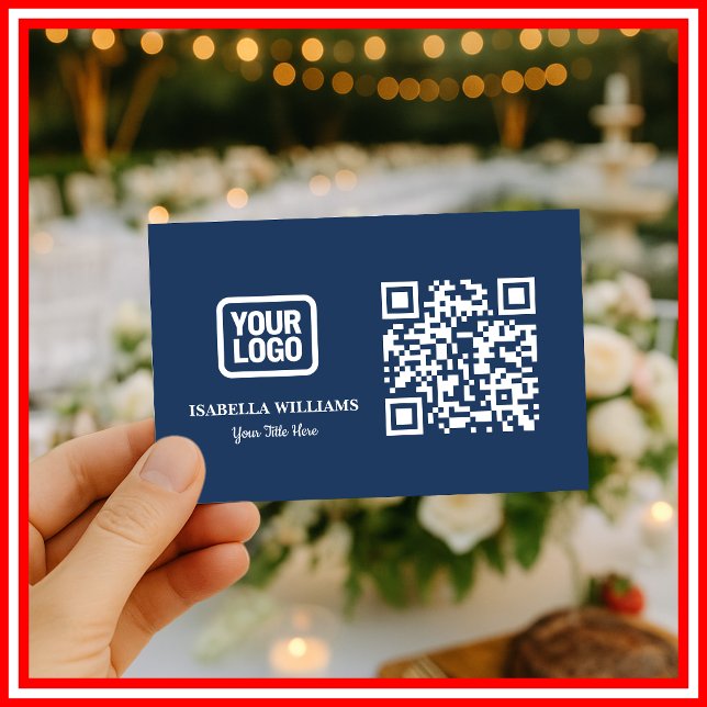 Your Logo Here Simple Modern Navy Blue QR Code Business Card (Creator Uploaded)