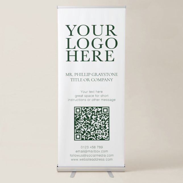 Your Logo Image Green & White QR Code Business Retractable Banner (Front)