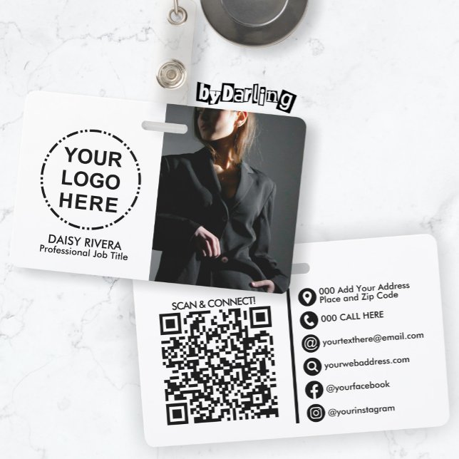 Your Logo & Image Minimalist Modern QR Code Badge (Logo & Image Modern QR Code ID Badge -Photos(Unsplash): AnhelinaOsaulenko(suit) AugustineWong(table))