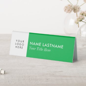 Your Logo Minimal Simple Bright Green White Name Table Tent Sign by pinkpinetree at Zazzle