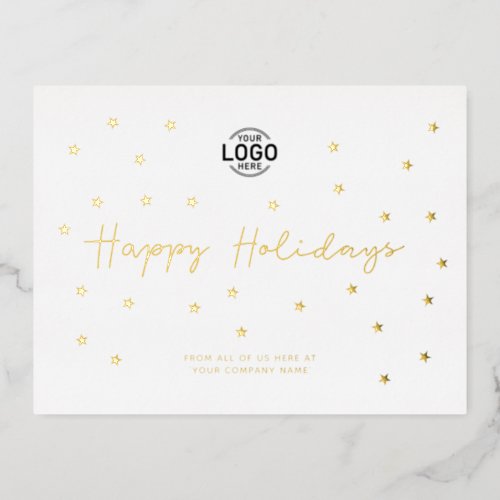 Your Logo Minimalist Gold Stars Business Holidays Foil Holiday Postcard