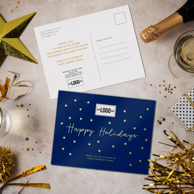 Your Logo Minimalist Navy Blue Gold Stars Business Foil Holiday Postcard (Creator Uploaded)