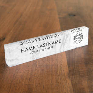 Your Logo Modern Minimalist White Grey Marble Desk Name Plate
