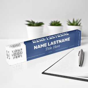 Your Logo Modern Name Title Simple Navy Blue Desk Name Plate