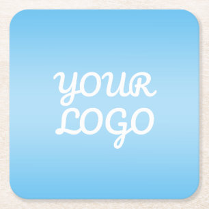 Your Logo & Modern Simple Ombre   Light Blue Square Paper Coaster