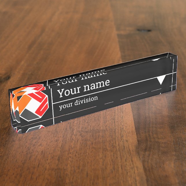 Your logo, name and division - black background de desk name plate (Side)