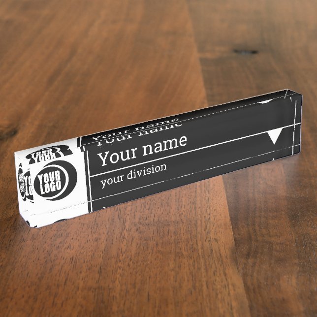 Your logo, name and division - black background desk name plate (Side)