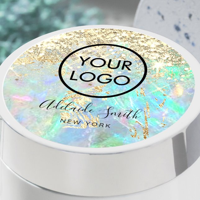 your logo on faux glitter opal background classic round sticker (Creator Uploaded)