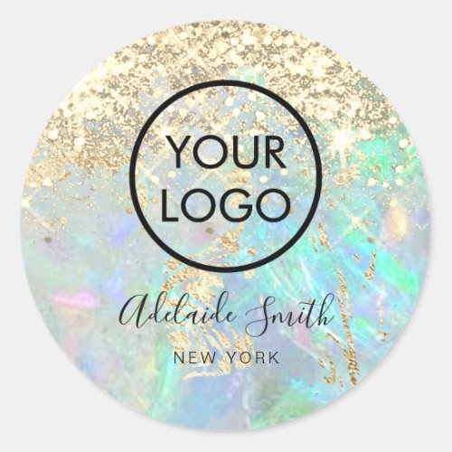 your logo on faux glitter opal background classic round sticker