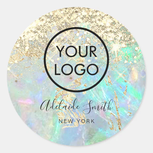 your logo on faux glitter opal background classic round sticker | Zazzle