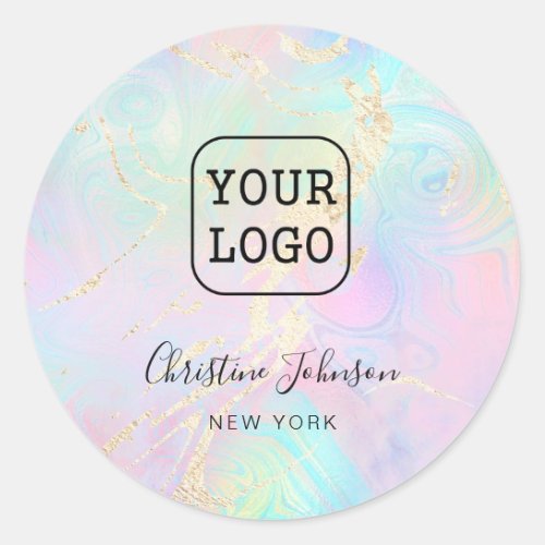 your logo on faux holographic design classic round sticker