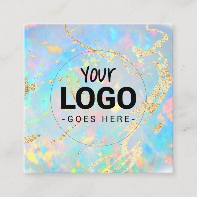 your logo on FAUX holographic opal stone texture Square Business Card (Front)