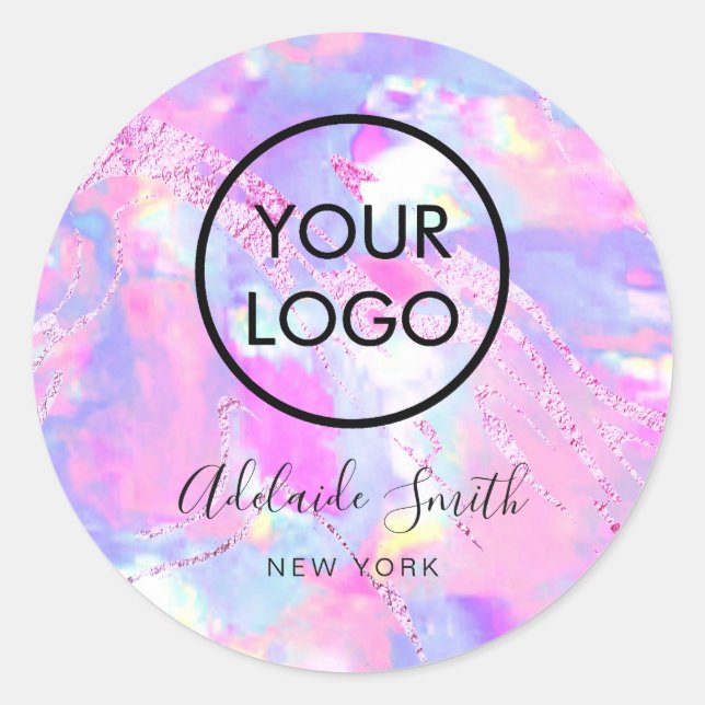 your logo on pink purple opal classic round sticker (Front)