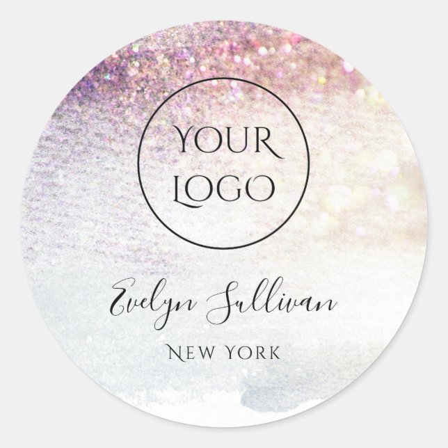 your logo on purple glitter watercolor classic round sticker (Front)