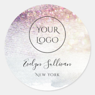 your logo on purple glitter watercolor classic round sticker