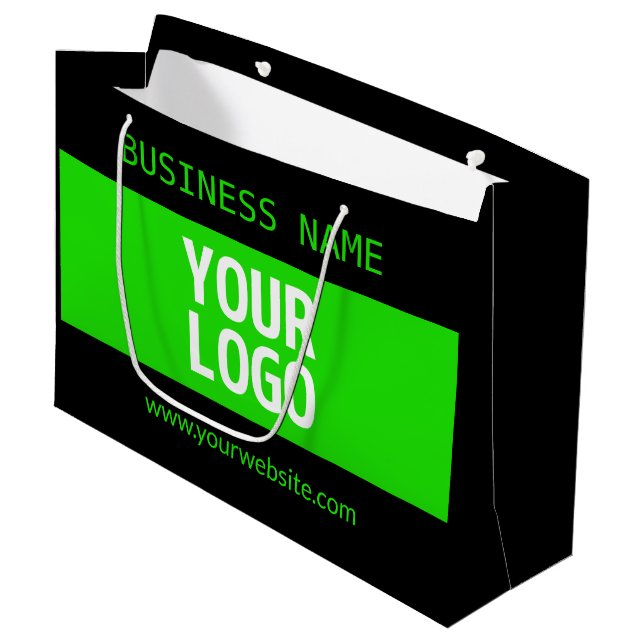 Your Logo or Image | Black & Bright Green Large Gift Bag (Front Angled)