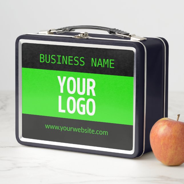 Your Logo or Image | Black & Bright Green Metal Lunch Box (In Situ)