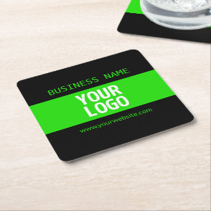Your Logo or Image Black & Bright Green Square Paper Coaster